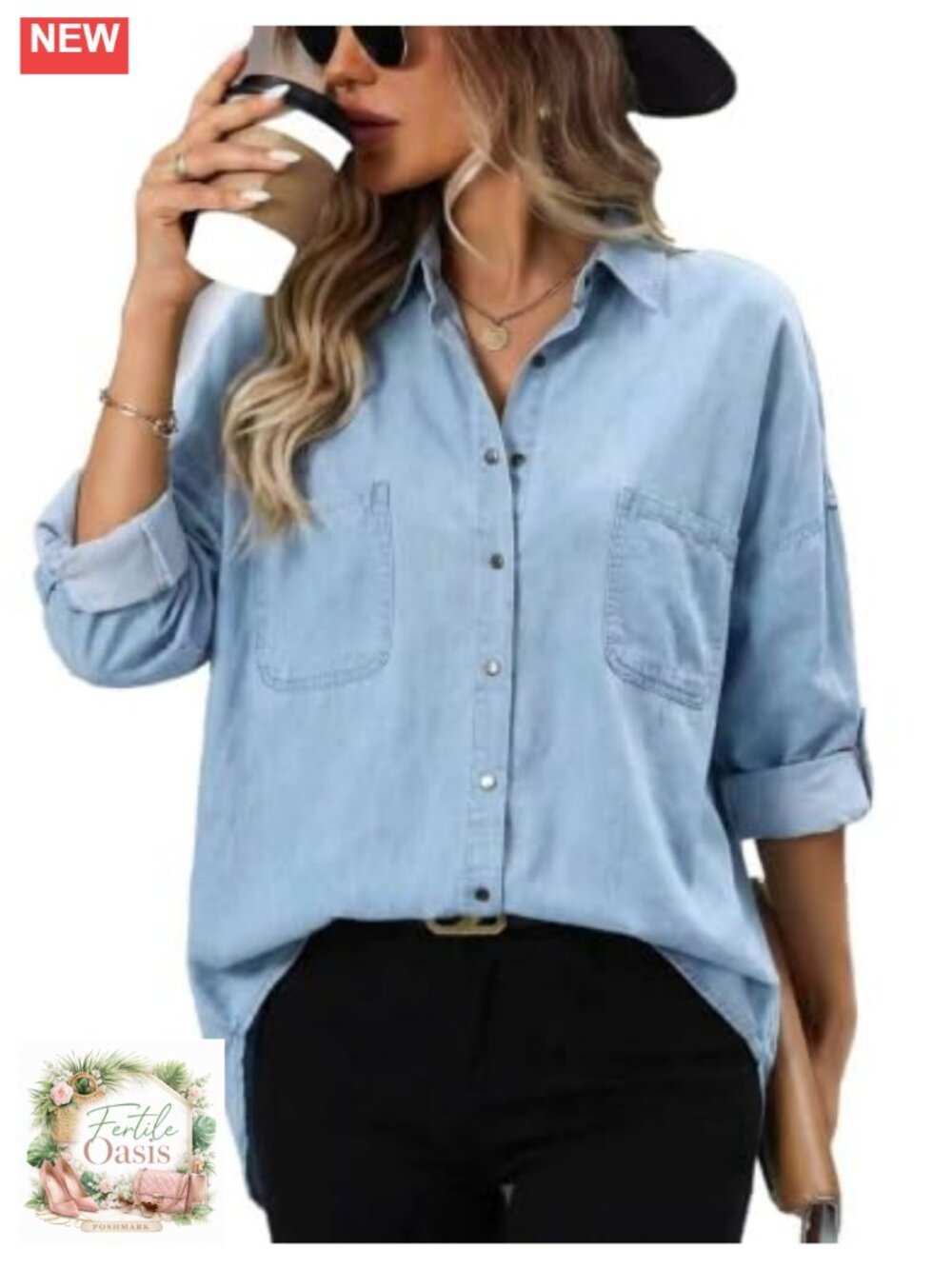Plus Size Snap Button Denim Shirt Long Sleeve Water-Wash Cotton